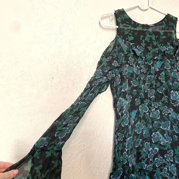 Tanya Taylor Green Floral Althea Silk Ruffle Midi Cold Shoulder Dress whimsigoth - Picture 5 of 13